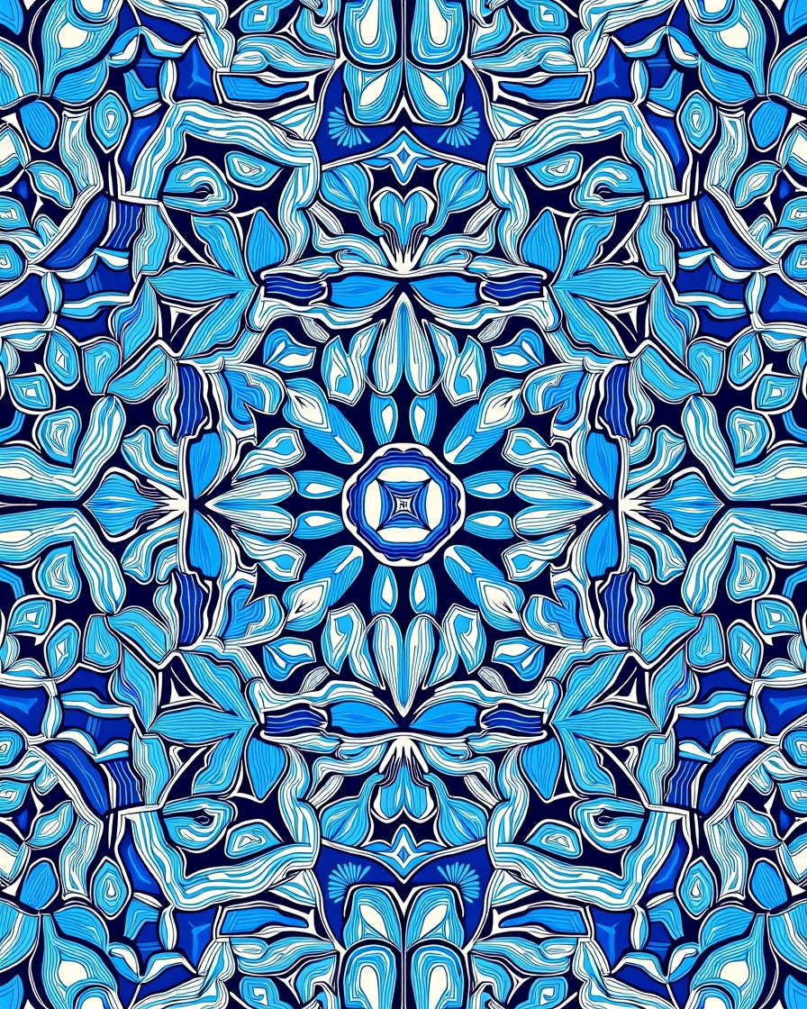 Symmetrical Blue White Organic Bloom Rug
