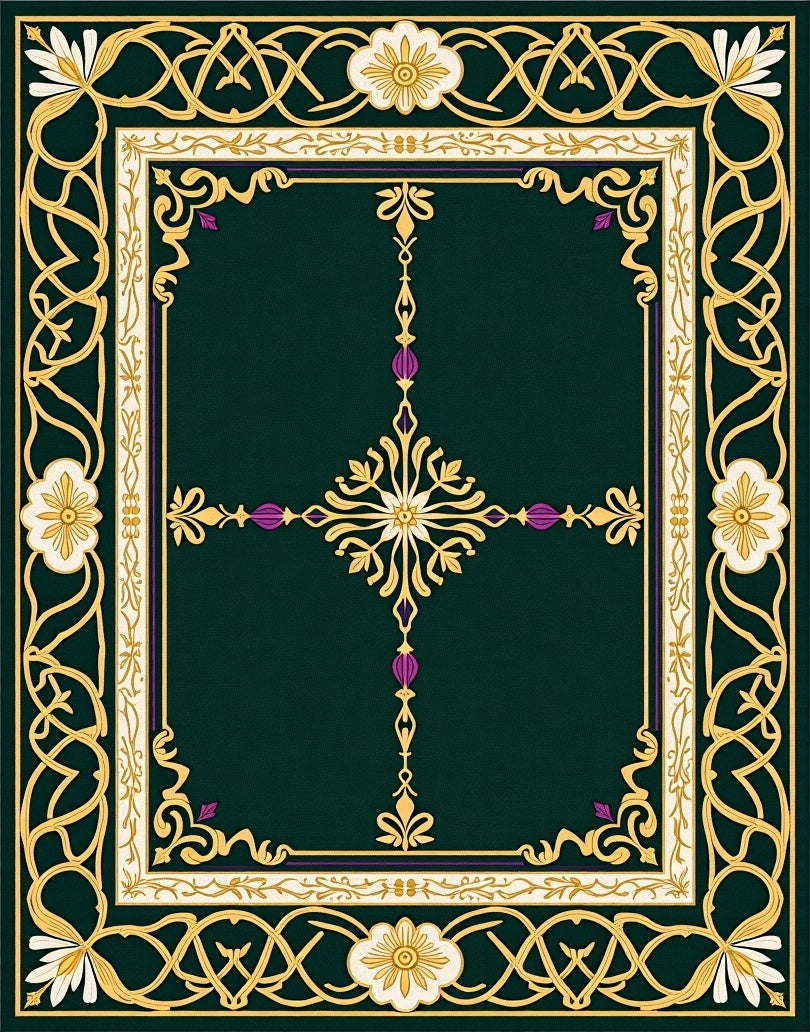 Ornate Green Gold Floral Border Rug