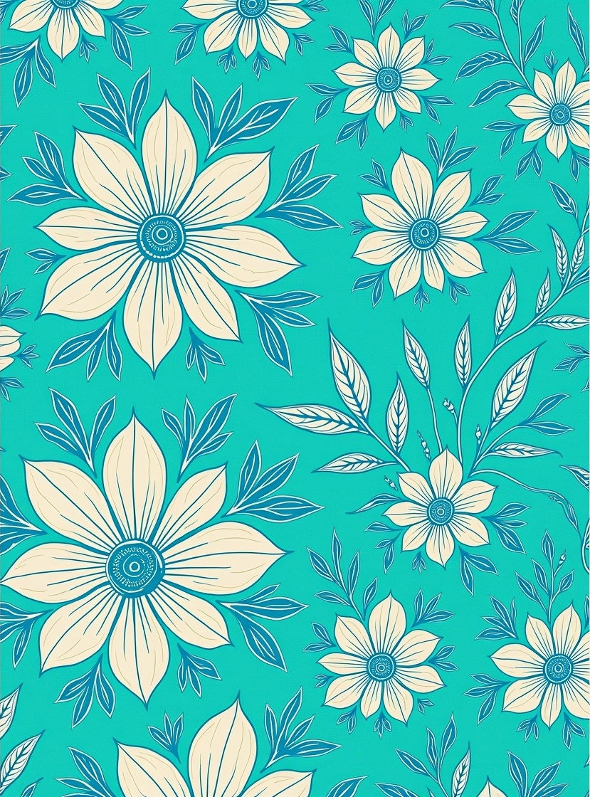 Cream Floral Vines Turquoise Background Rug