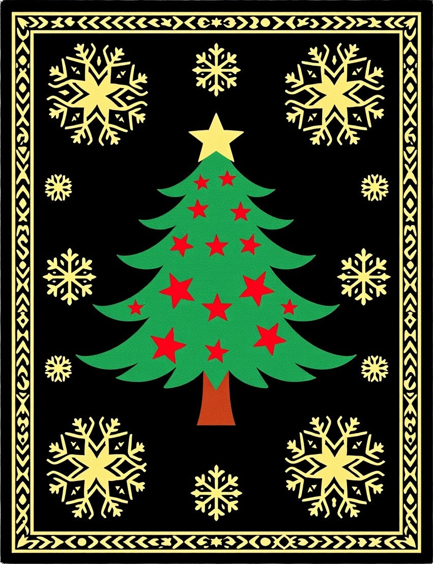 Festive Black Green Starry Snowflake Tree Rug