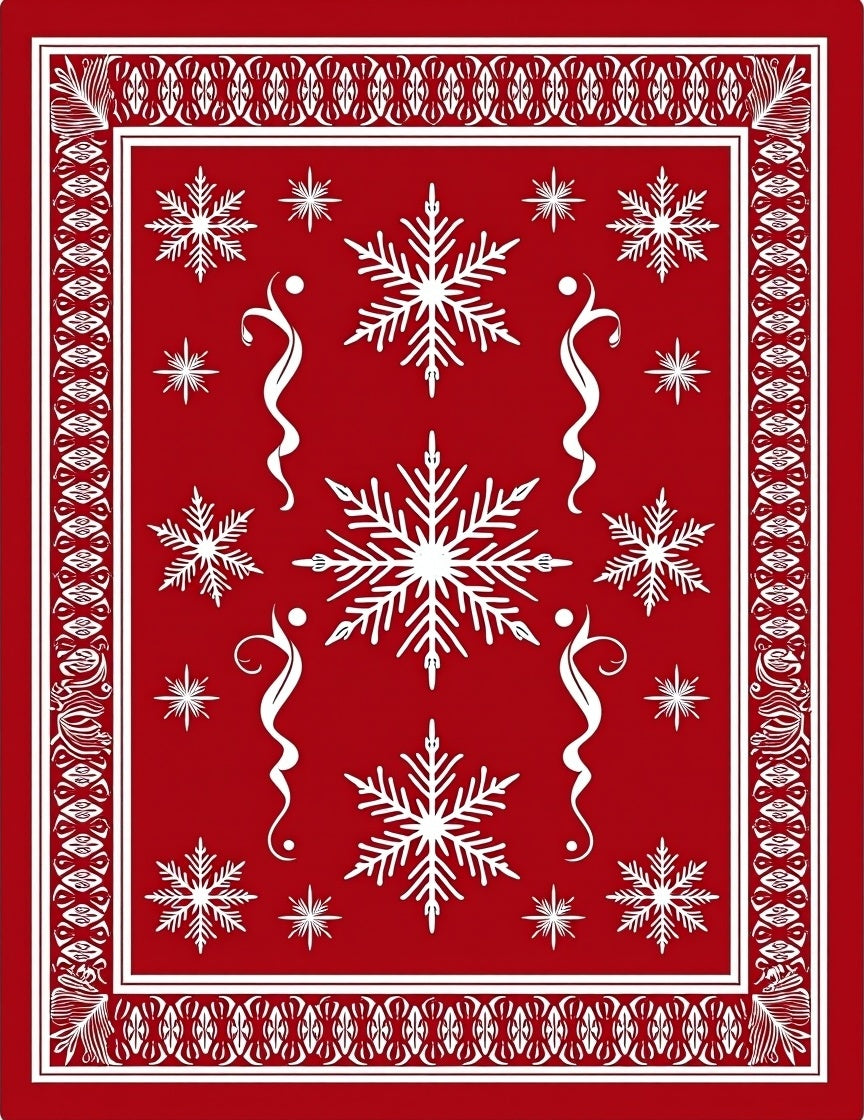Red White Snowflake Winter Border Rug