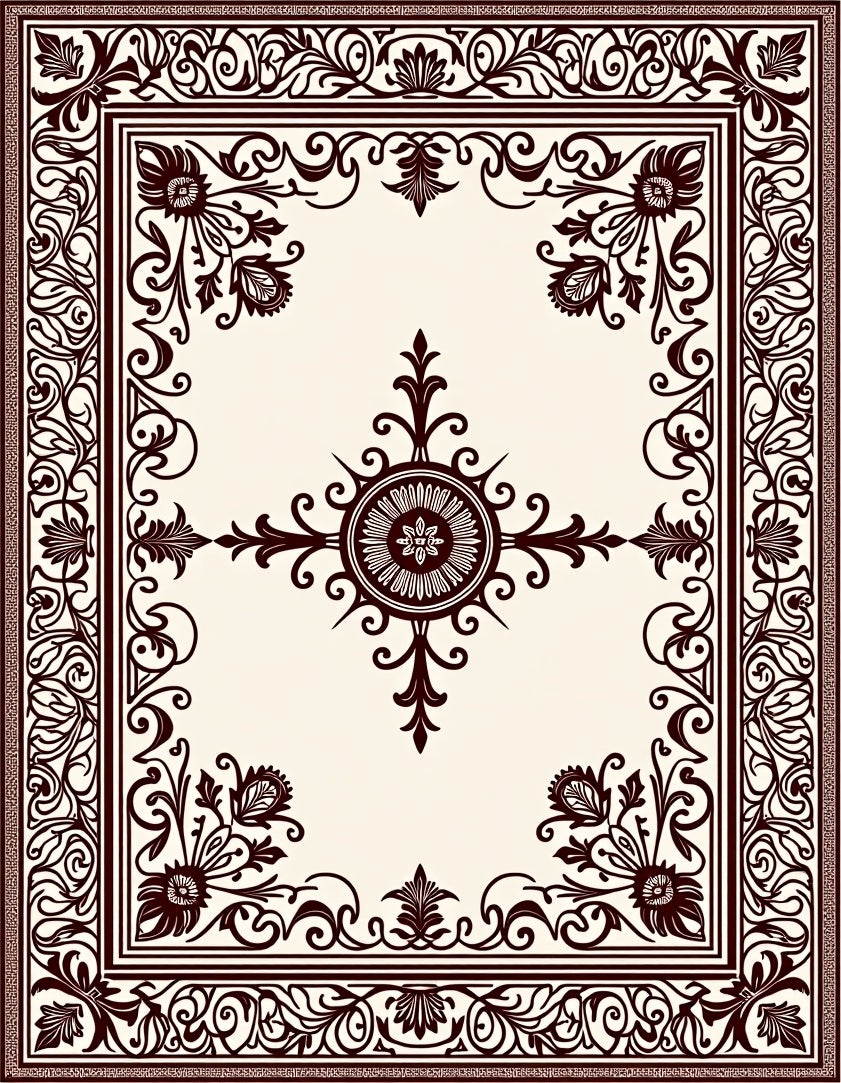 Ornate Crimson Floral Scroll Border Rug