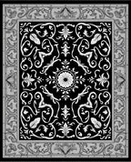 Black White Floral Scroll Medallion Rug