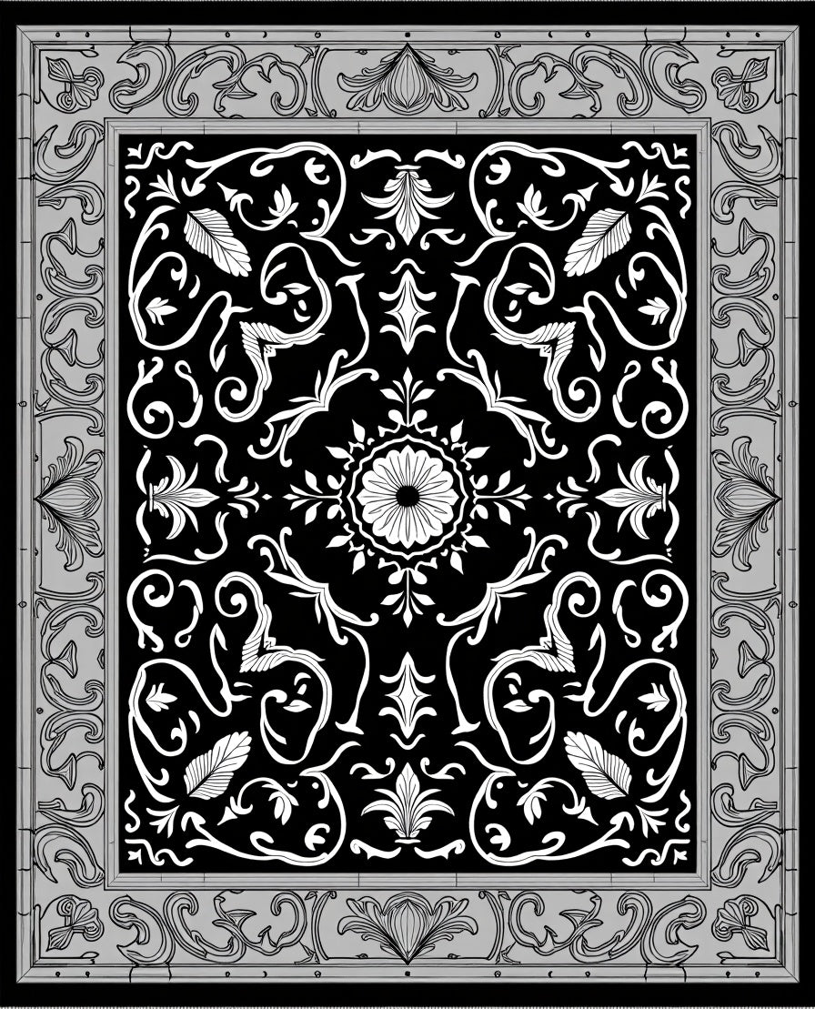 Black White Floral Scroll Medallion Rug