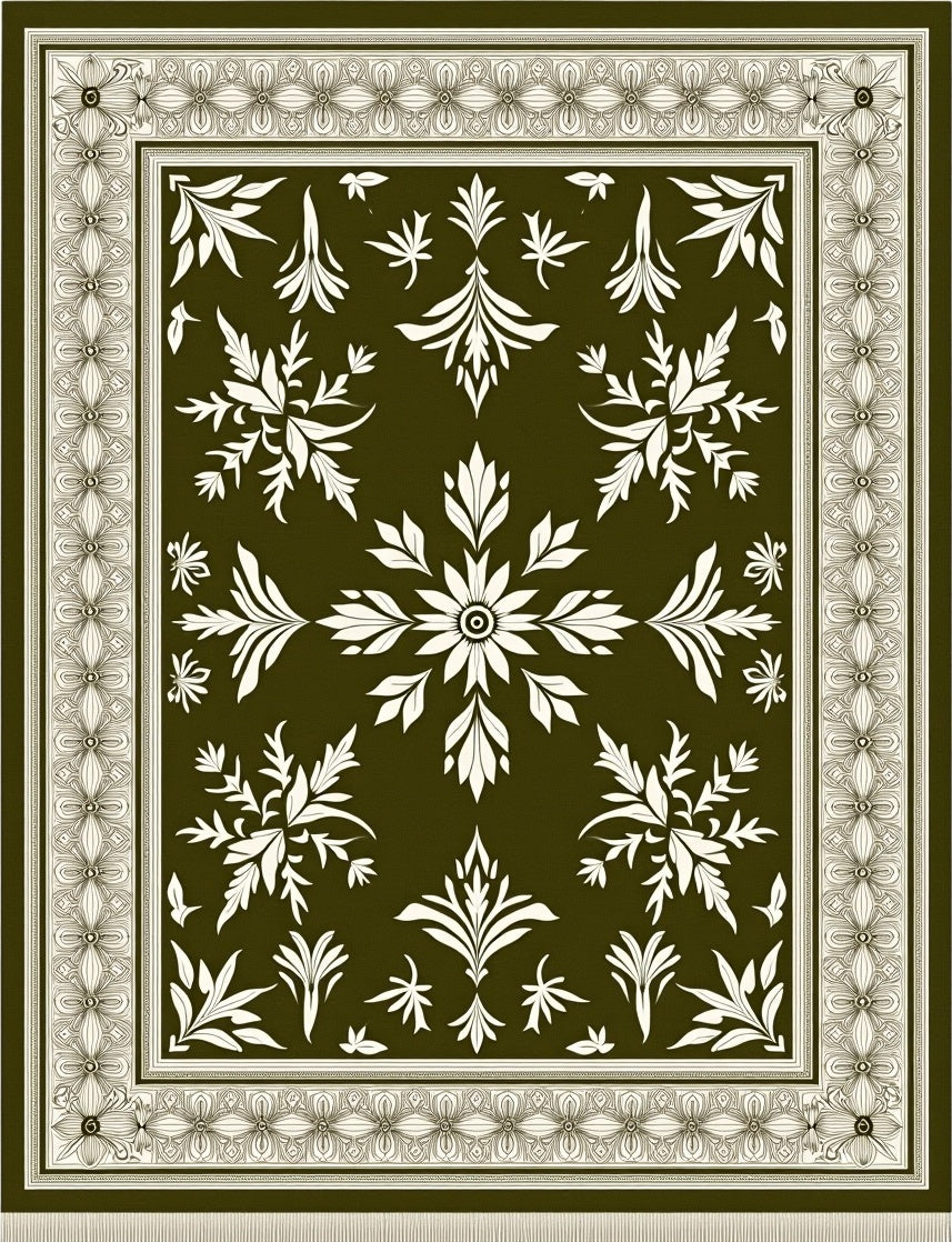 Olive Green Floral Botanical Medallion Rug