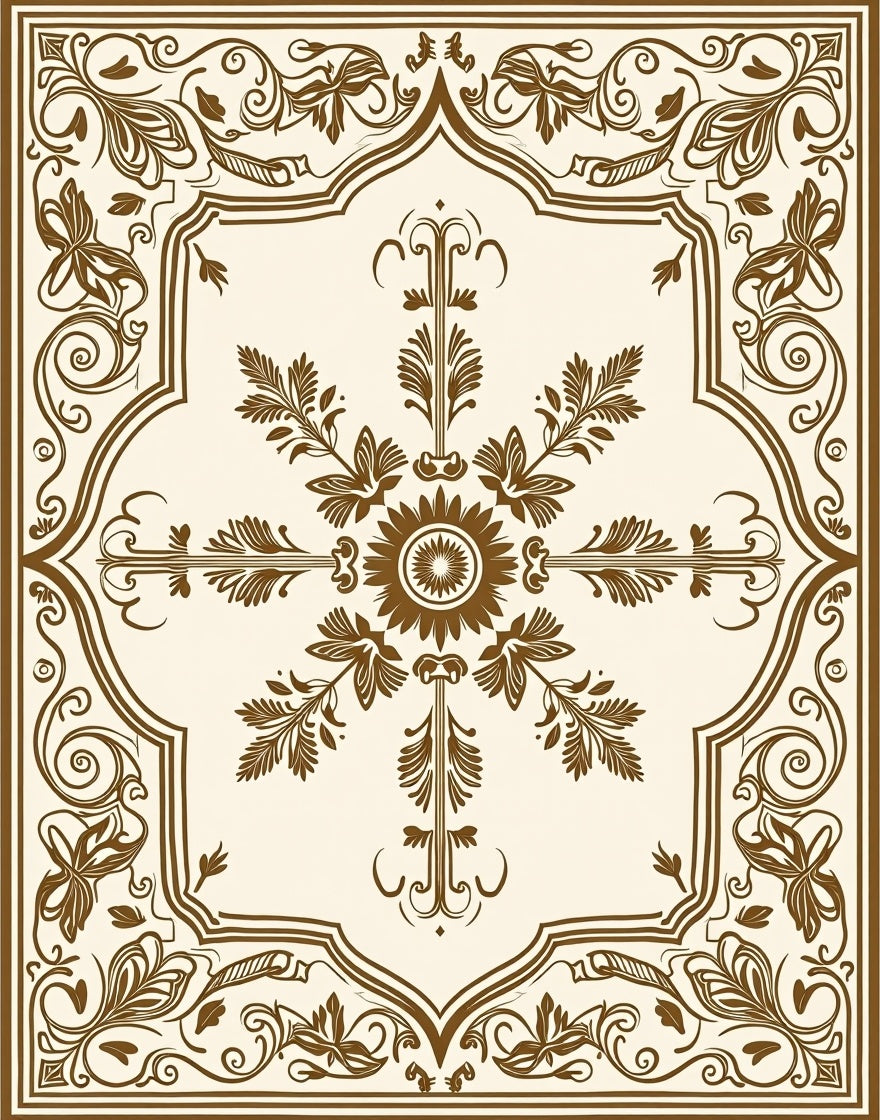 Elegant Brown Floral Sunburst Frame Rug