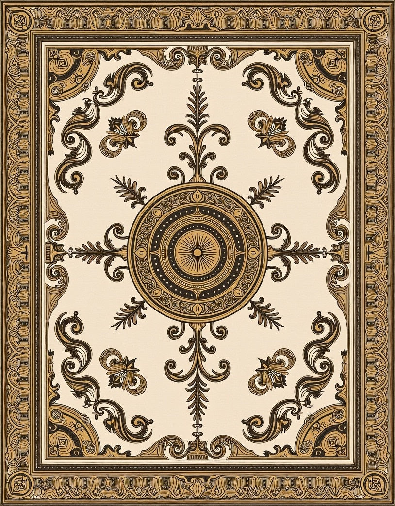 Antique Gold Scroll Medallion Frame Rug