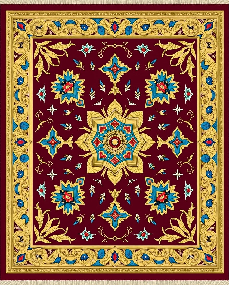 Crimson Gold Blue Floral Medallion Rug
