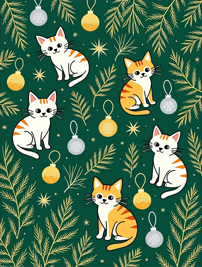Green Whimsical Cat Christmas Ornament Rug