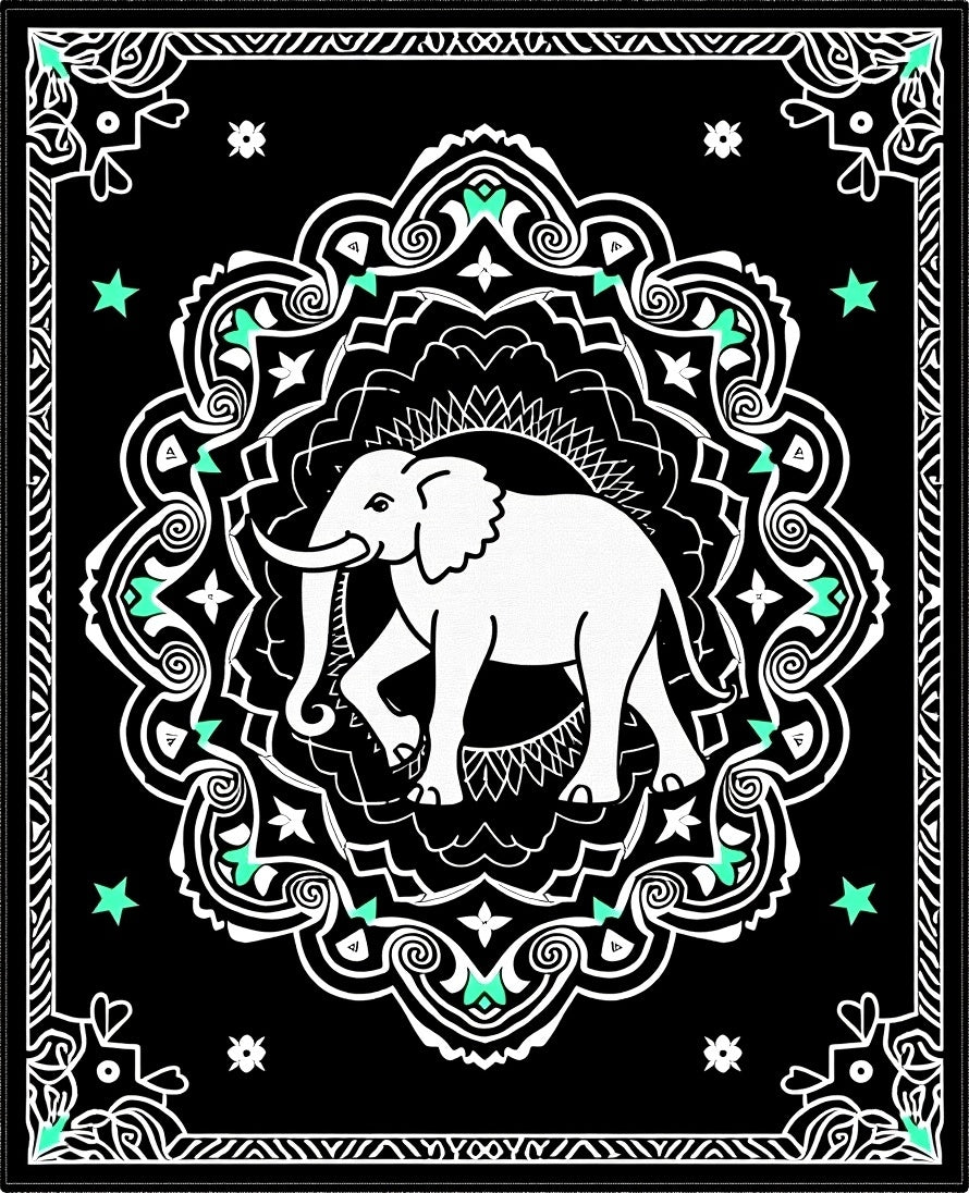 Black White Elephant Medallion Mint Accents Rug