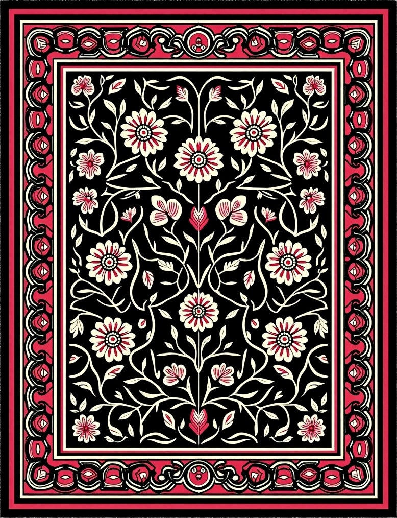 Crimson White Floral Vine Border Rug