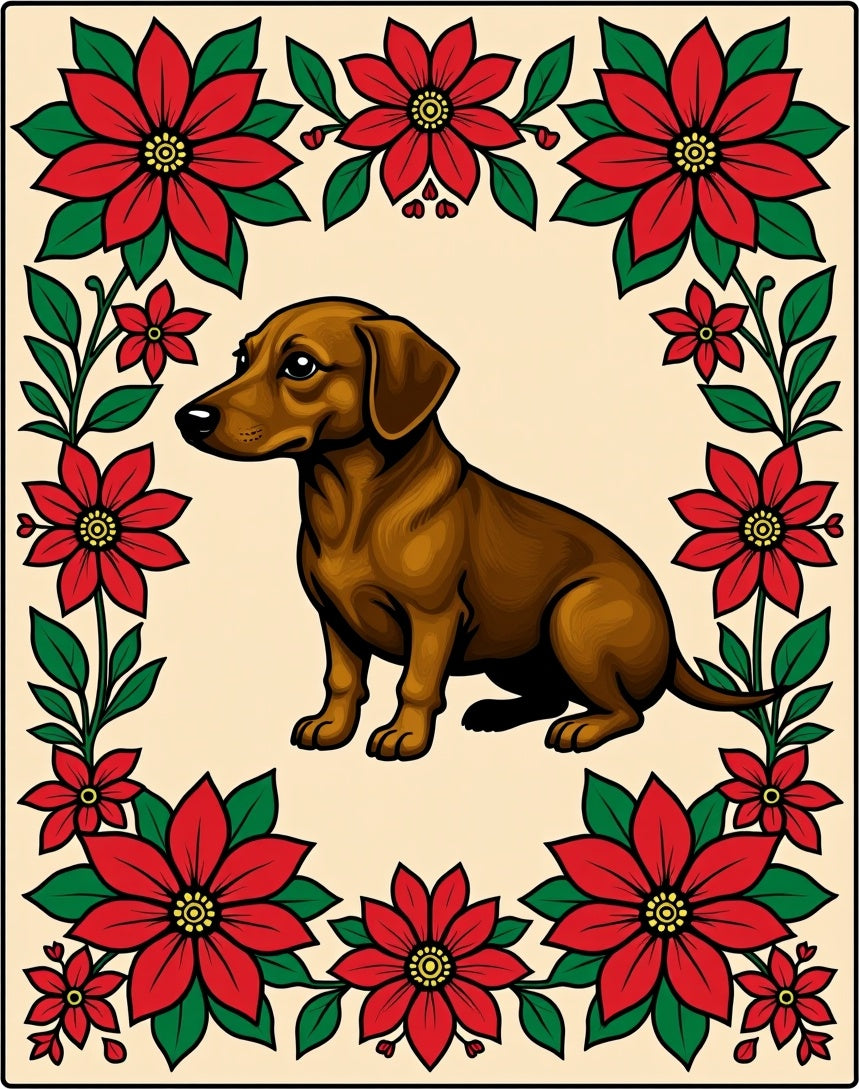 Brown Dog Red Poinsettia Border Rug