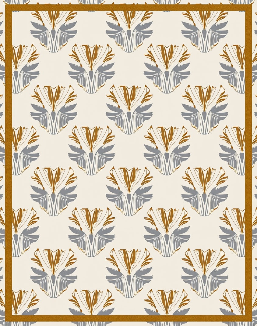 Golden Gray Art Deco Floral Frame Rug