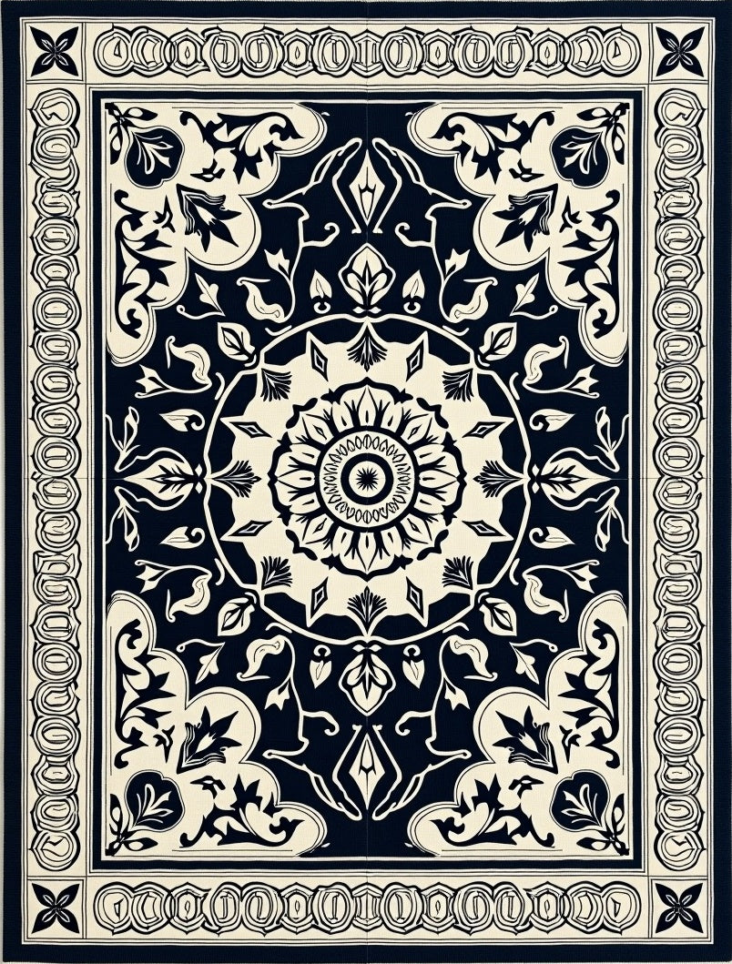 Midnight Cream Floral Medallion Border Rug