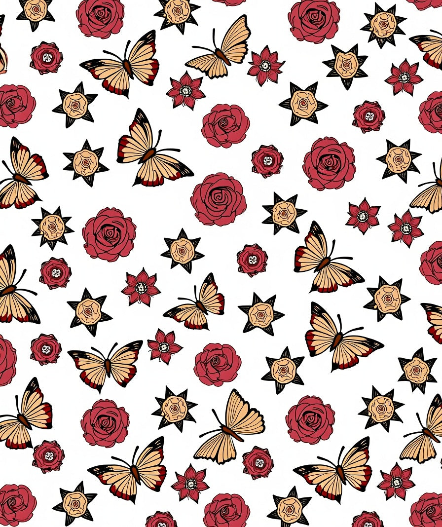 Burgundy Roses Golden Butterflies Scattered Rug