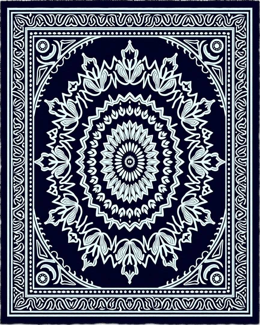Midnight Blue Floral Medallion Border Rug