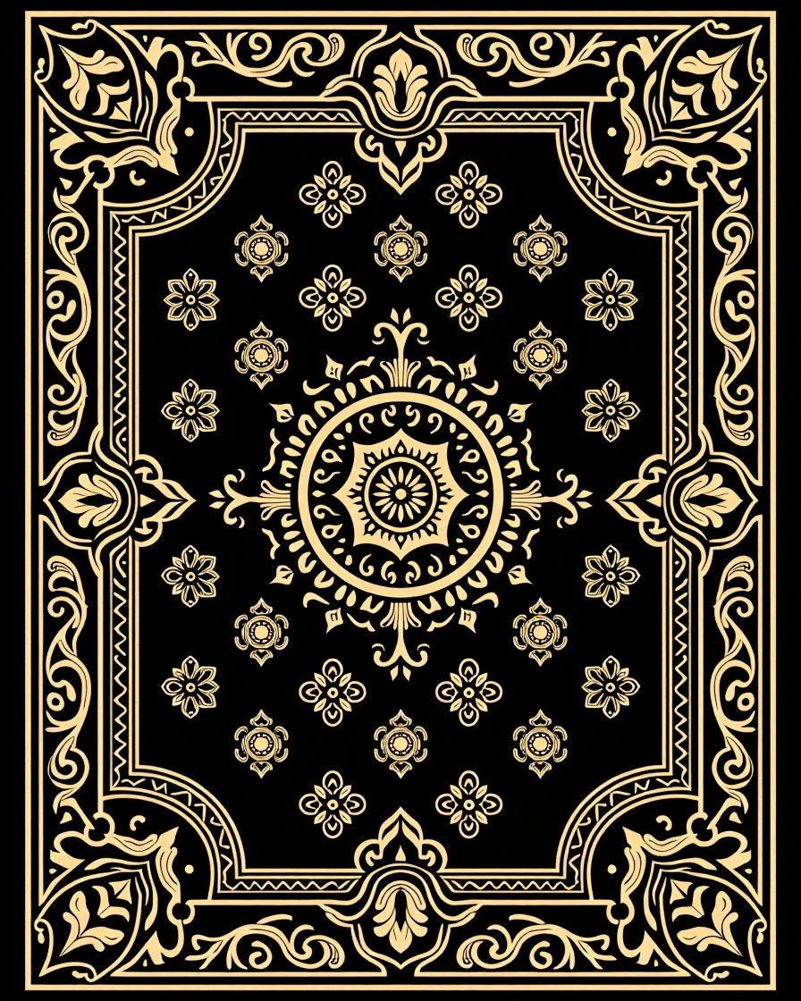 Black Golden Mandala Floral Border Rug