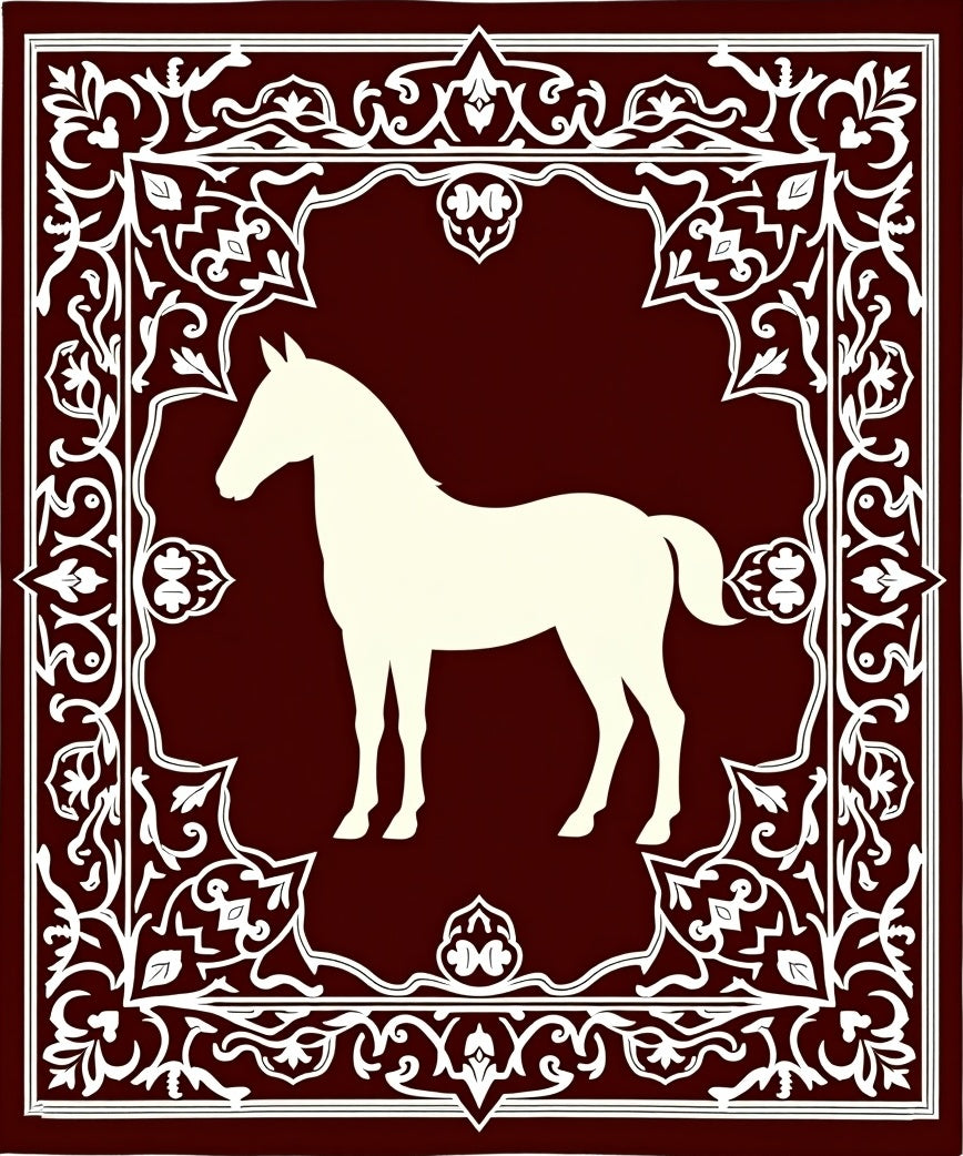 Deep Red White Horse Medallion Frame Rug