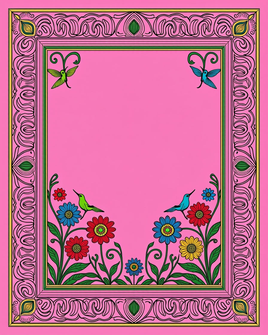 Pink Floral Hummingbird Garden Frame Rug