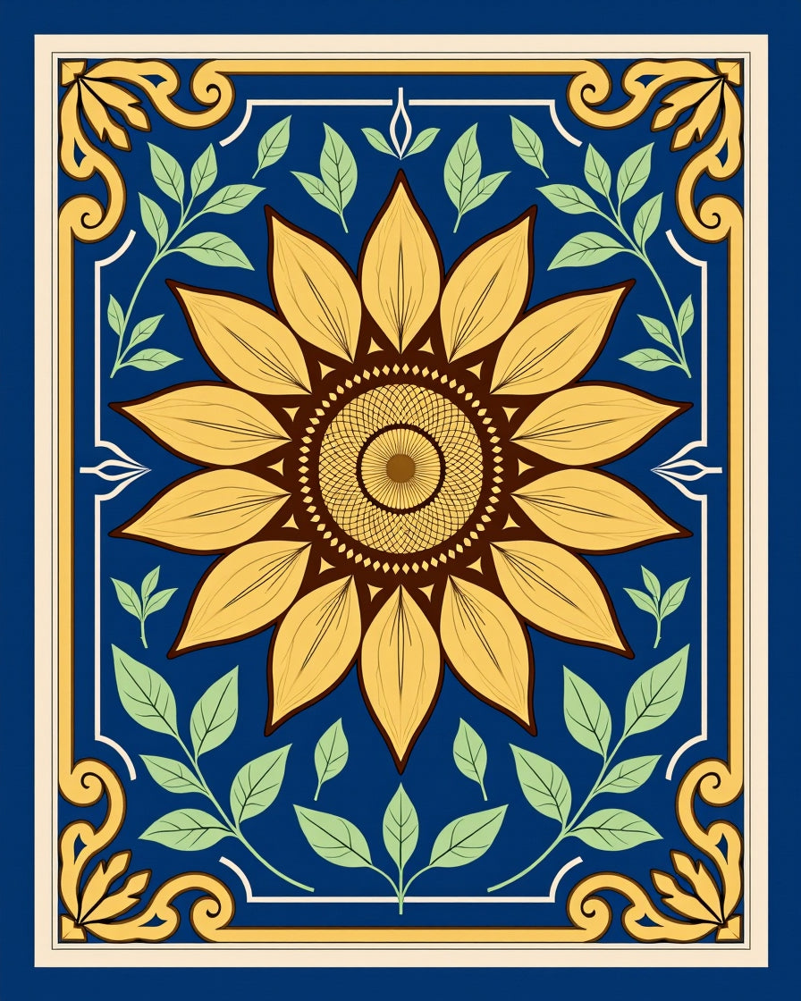 Golden Yellow Sunflower Blue Floral Rug