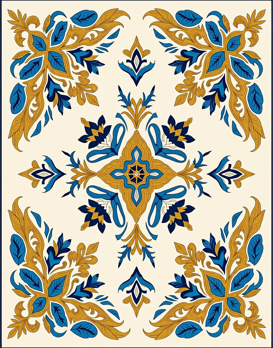 Royal Blue Gold Acanthus Scrollwork Rug