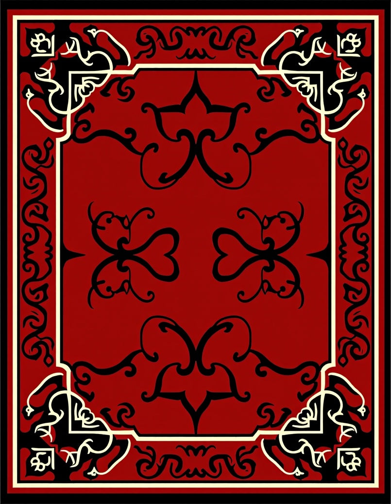 Crimson Black Filigree Corner Relief Rug