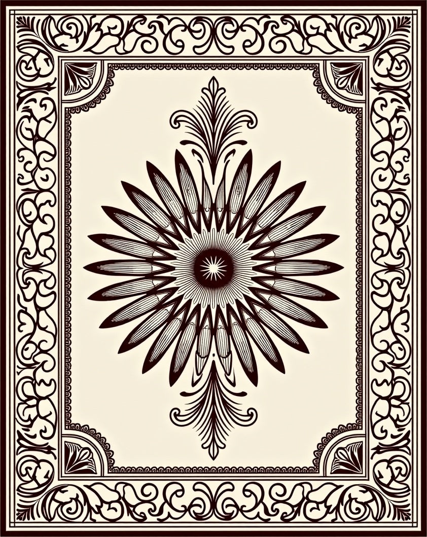 Ornate Dark Floral Sunburst Frame Rug