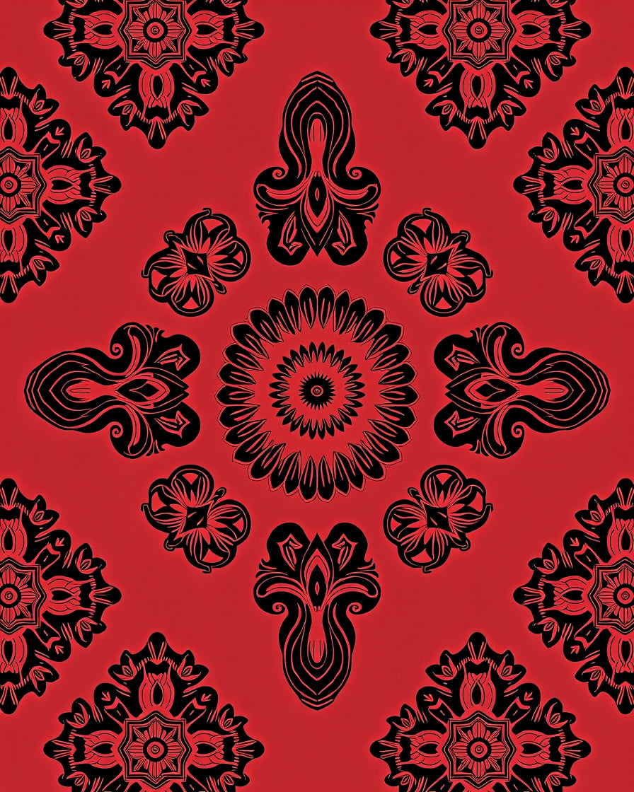 Bright Red Black Ornamental Mandala Rug