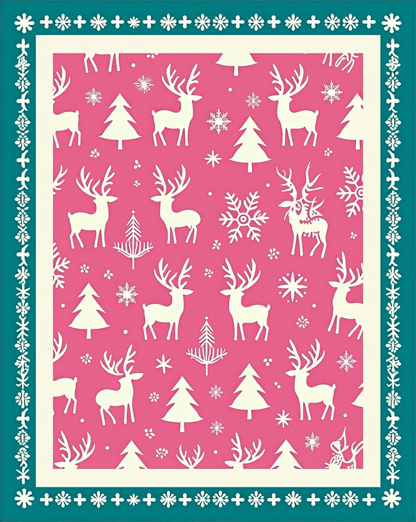 Pink White Reindeer Snowflake Forest Rug