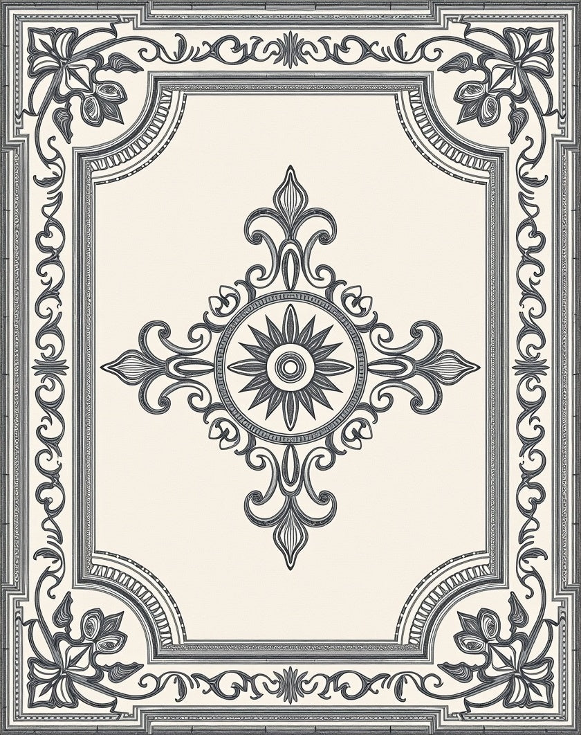 Ivory Black Ornate Floral Medallion Rug