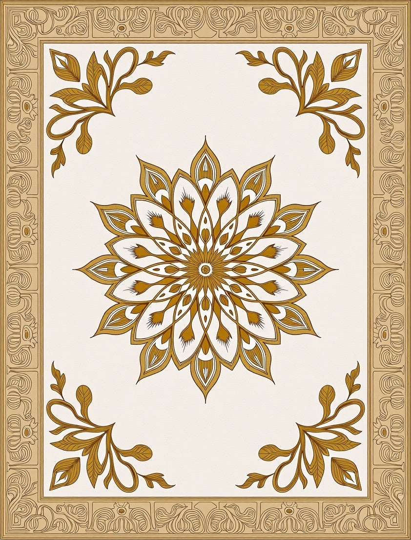Gold Floral Medallion Cream Border Rug