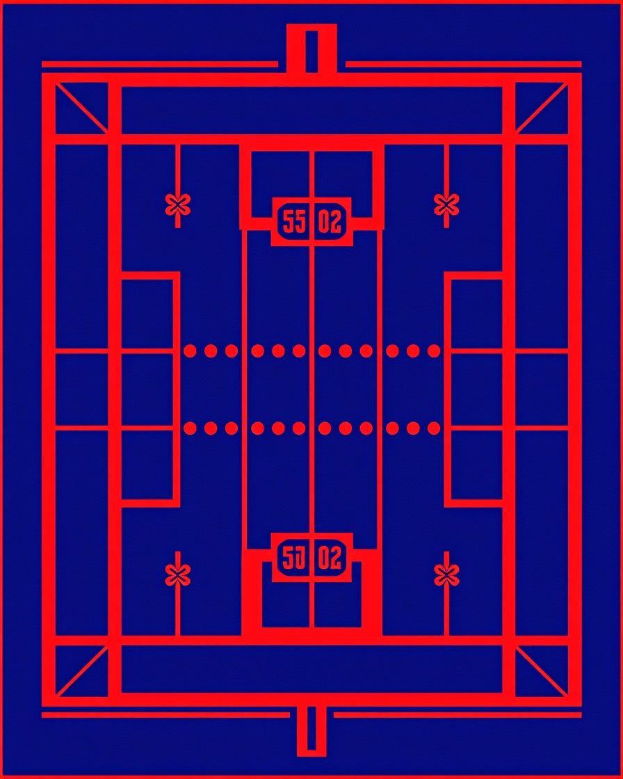 Geometric Red Grid Blue Rug