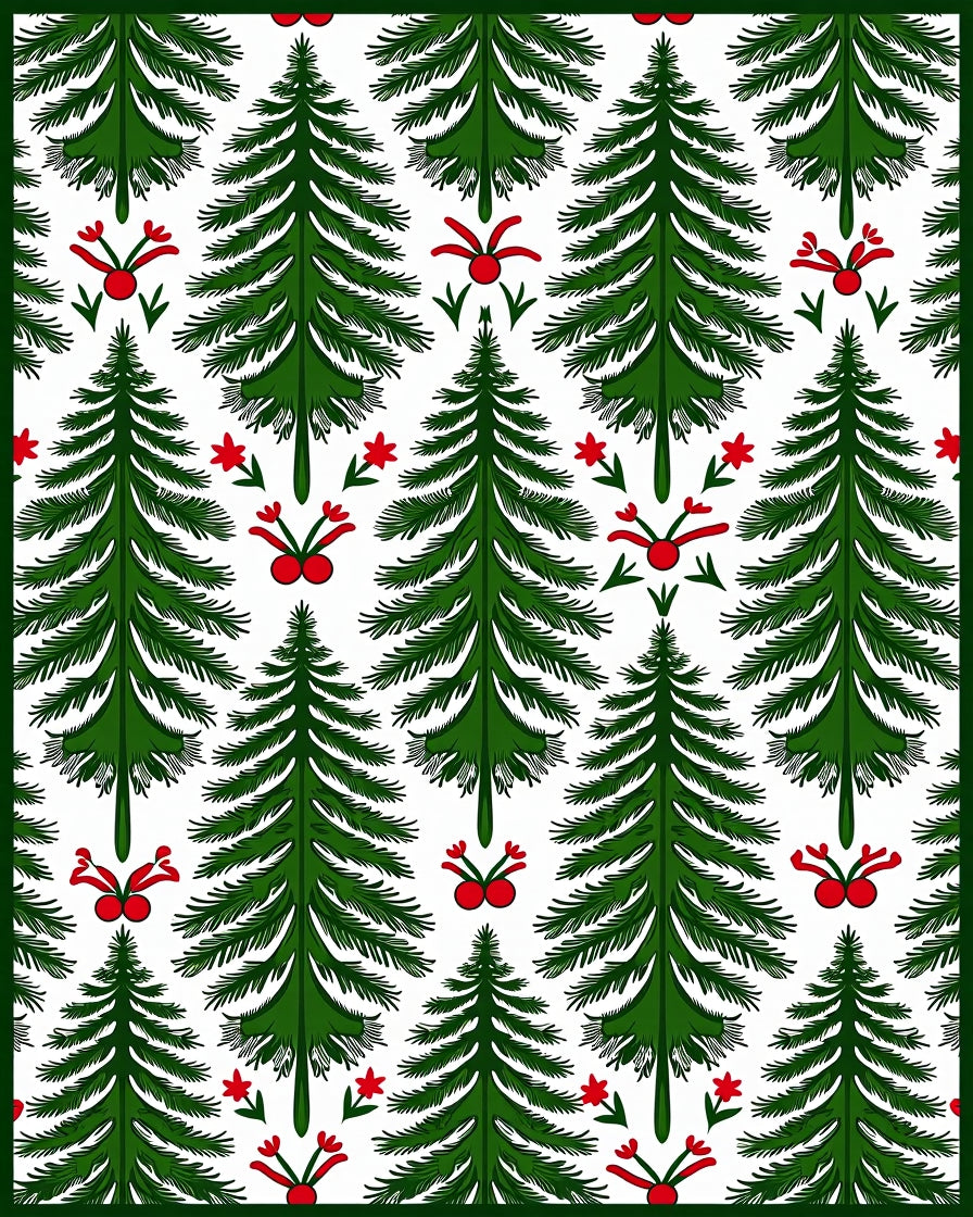 Green Pine Tree Red Holly Garland Rug