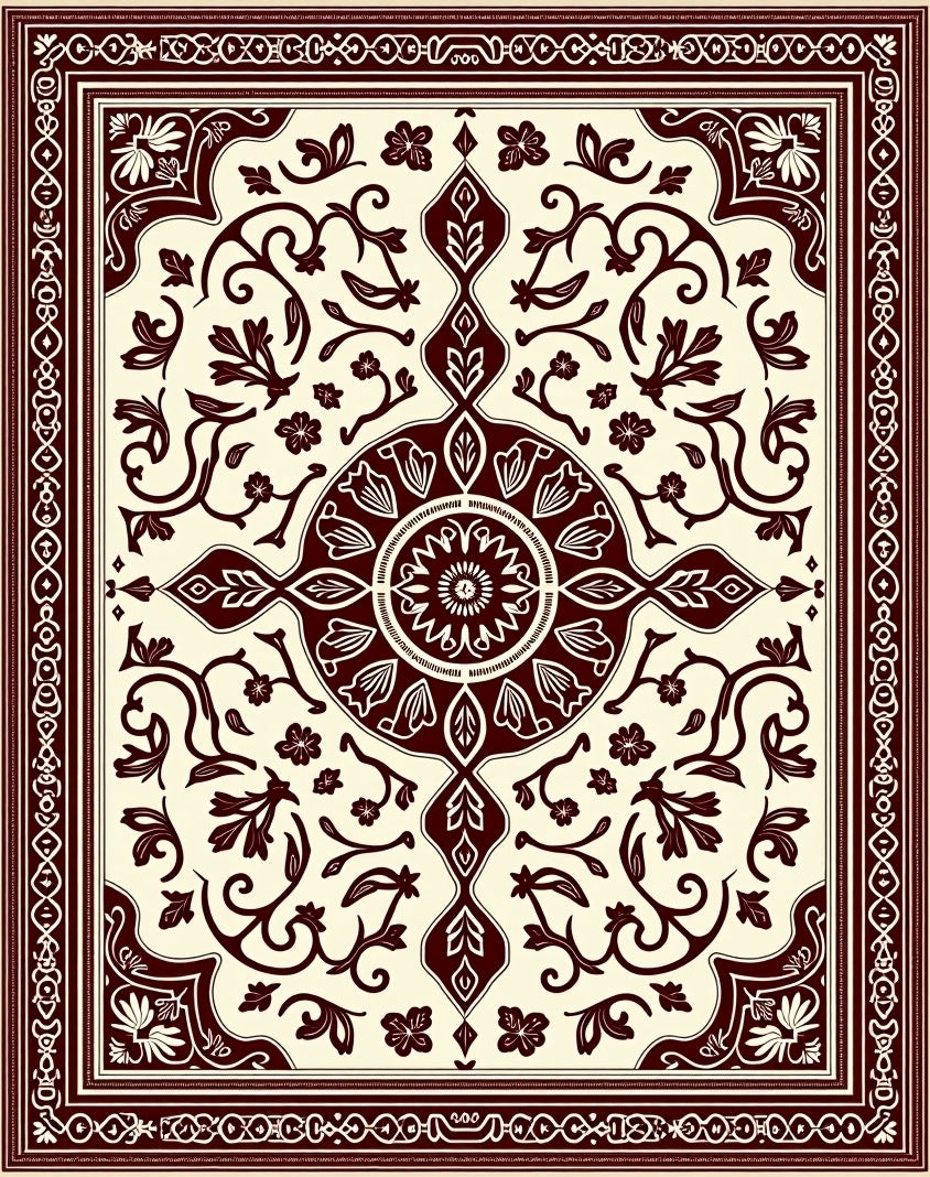 Deep Red Floral Medallion Cream Rug