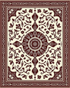 Deep Red Floral Medallion Cream Rug