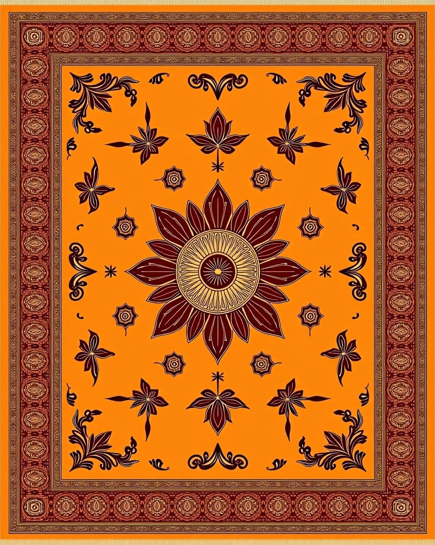 Golden Orange Floral Medallion Rug