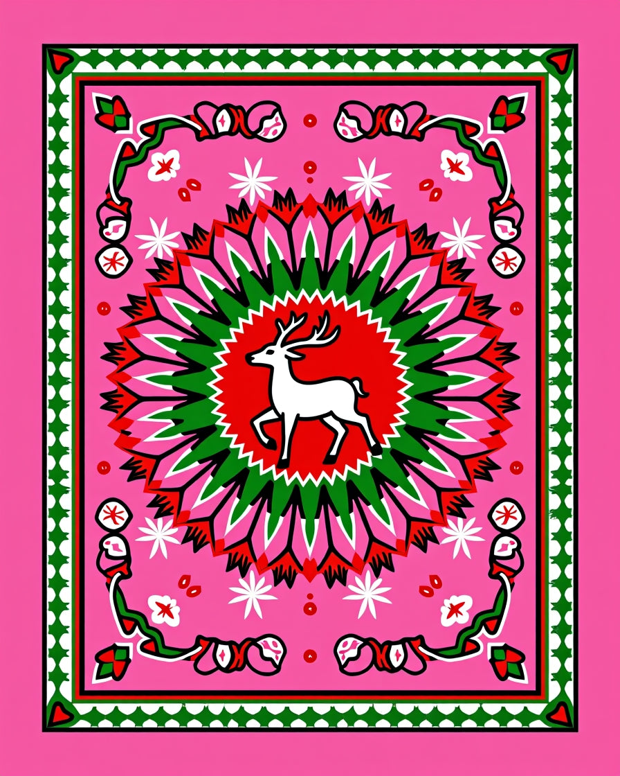 Whimsical Deer Medallion Pink Floral Rug