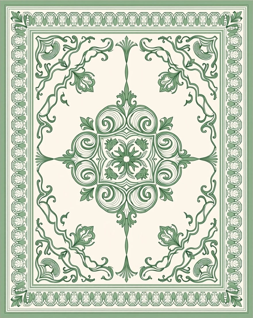 Art Nouveau Green Floral Scroll Rug