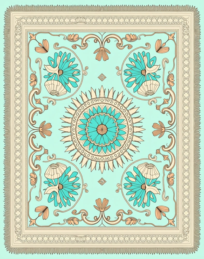 Aqua Coral Floral Mandala Filigree Rug
