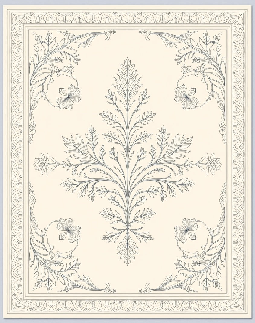 Cream Dark Blue Art Nouveau Floral Vine Rug