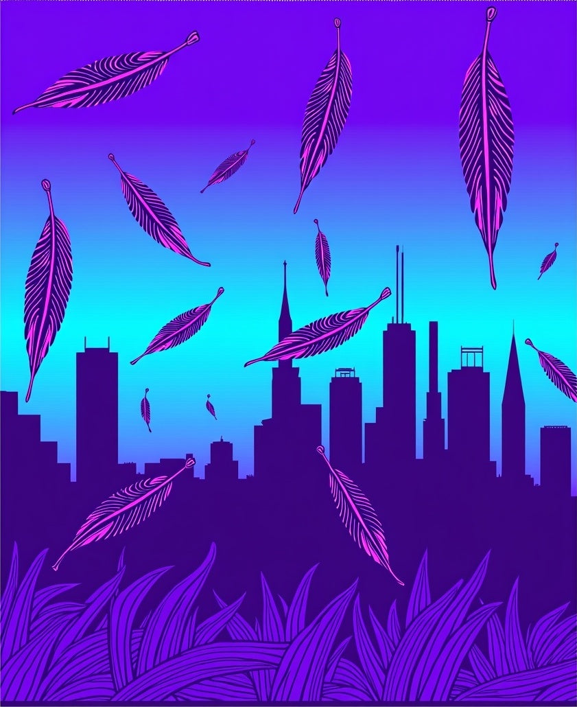 Purple Feather Cityscape Skyline Rug