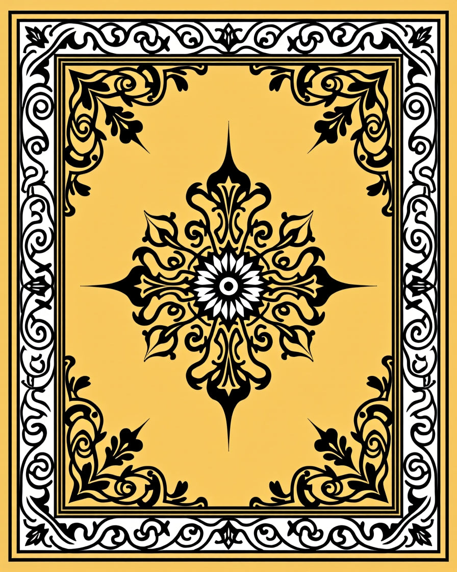 Golden Black Medallion Floral Border Rug