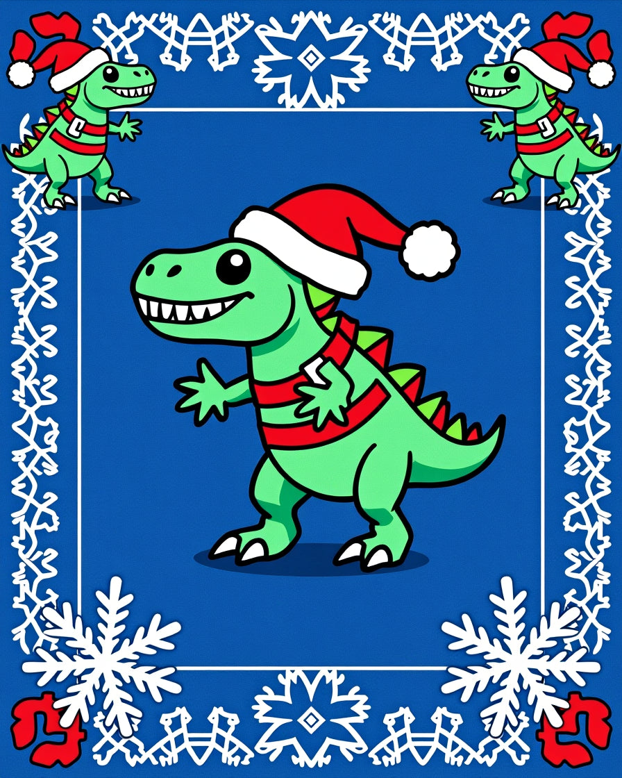 Christmas Green Dinosaur Snowflakes Festive Border Rug