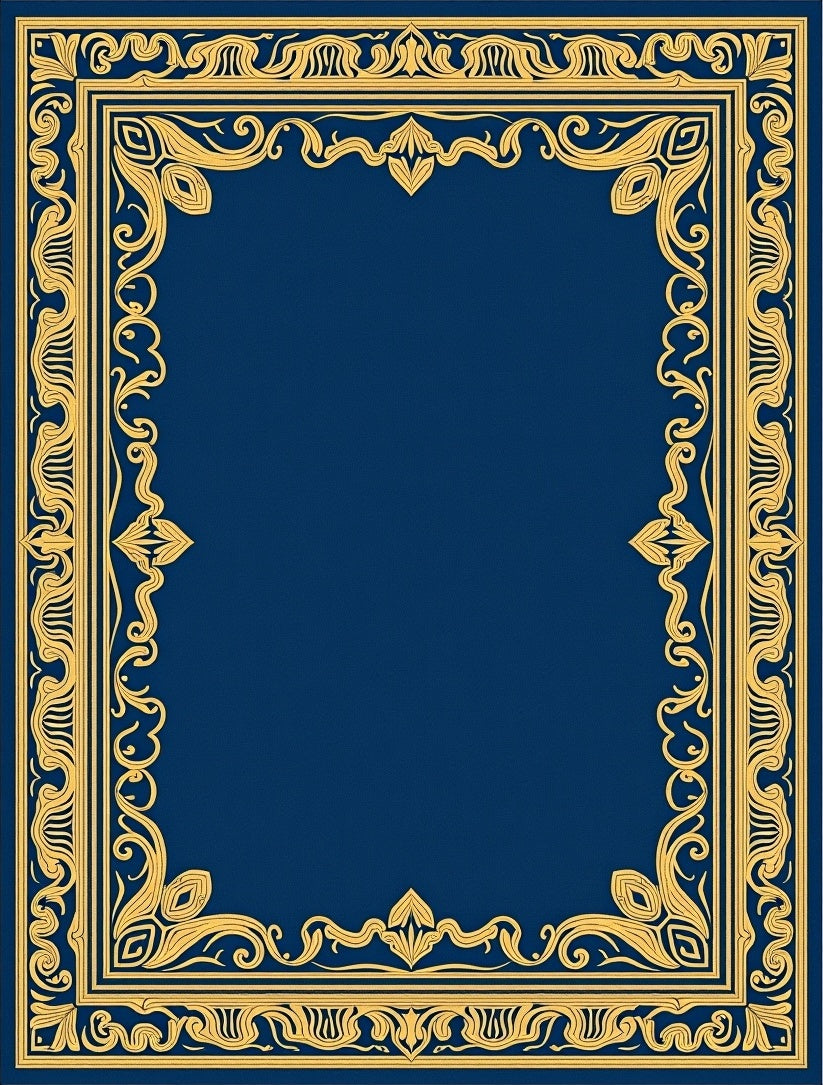 Elegant Navy Blue Golden Scroll Frame Rug