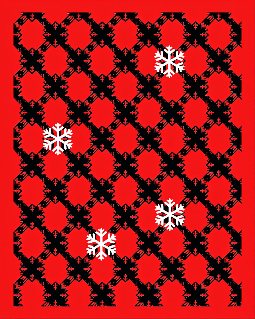 Red Black Snowflake Geometric Grid Rug
