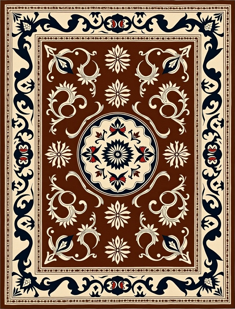Ornate Brown Ivory Dark Navy Medallion Rug