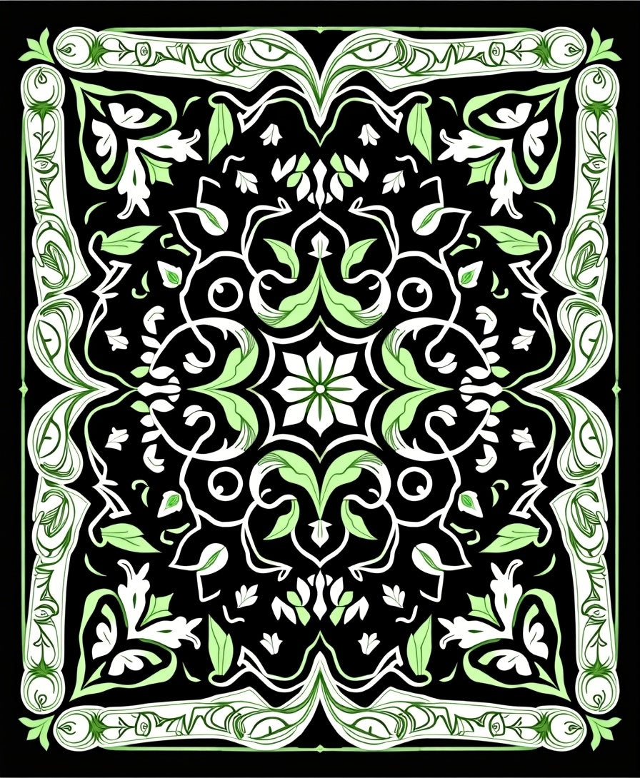 Elegant Black Green Floral Medallion Rug