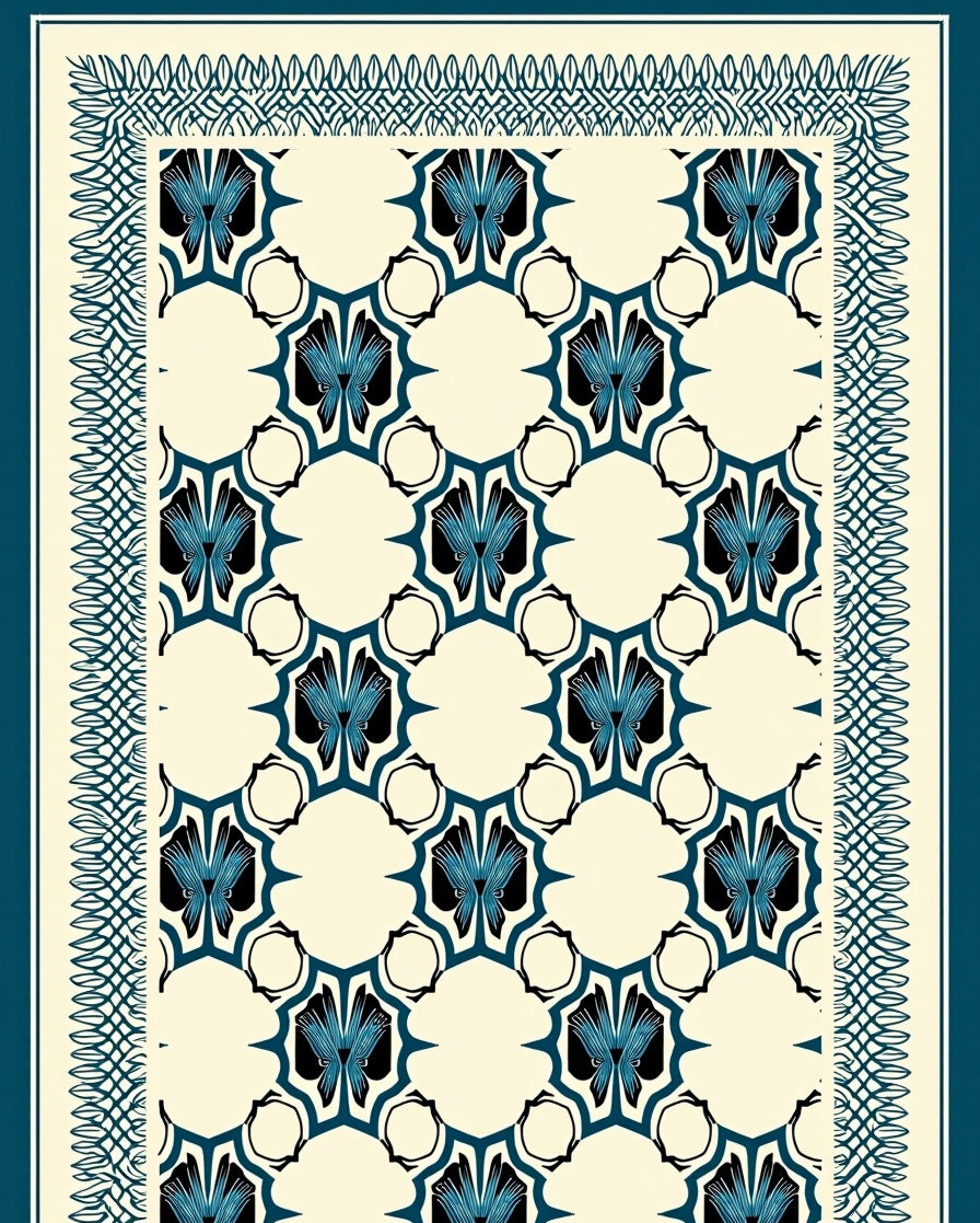 Cream Blue Art Deco Repeating Floral Rug