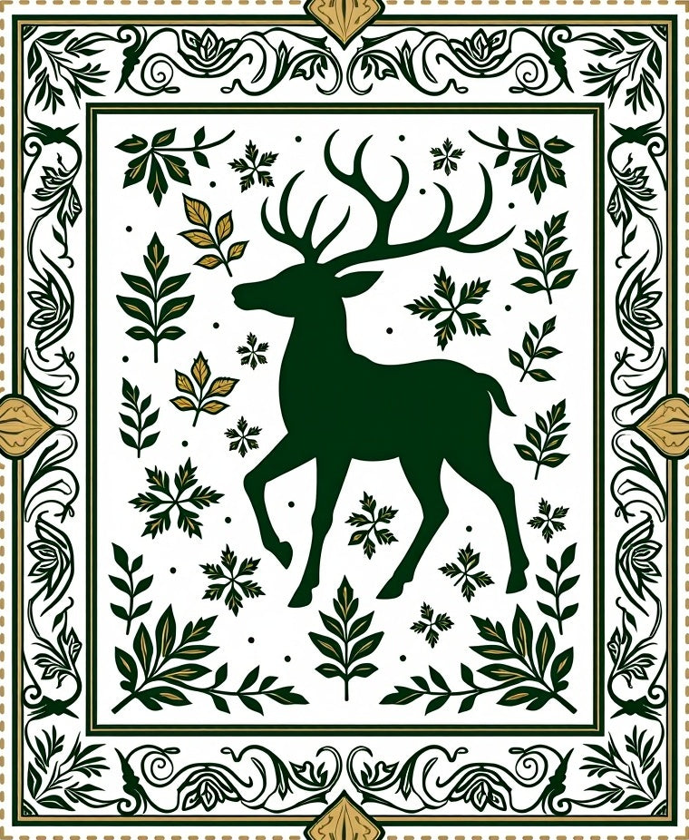Forest Green Deer With Leafy Border Rug