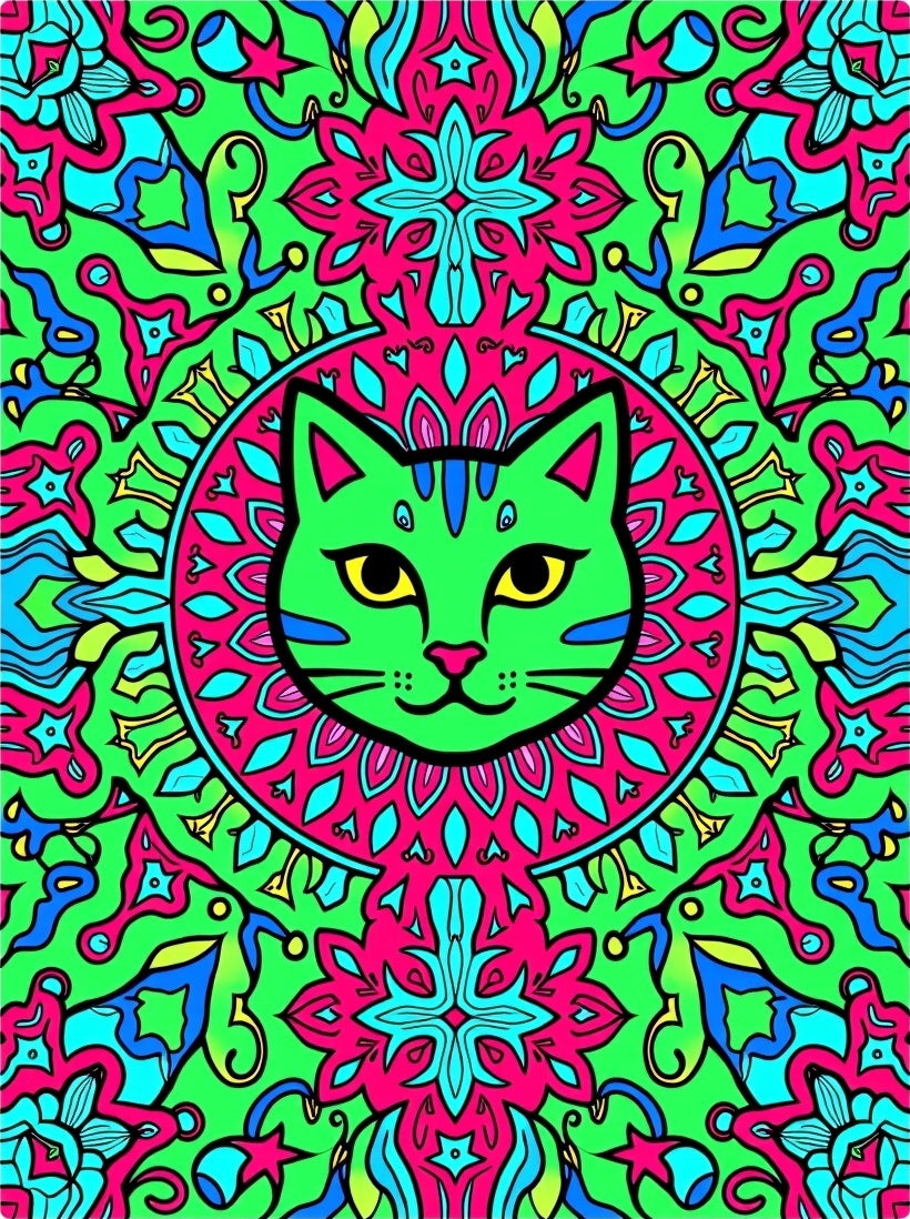 Vibrant Neon Green Cat Medallion Rug